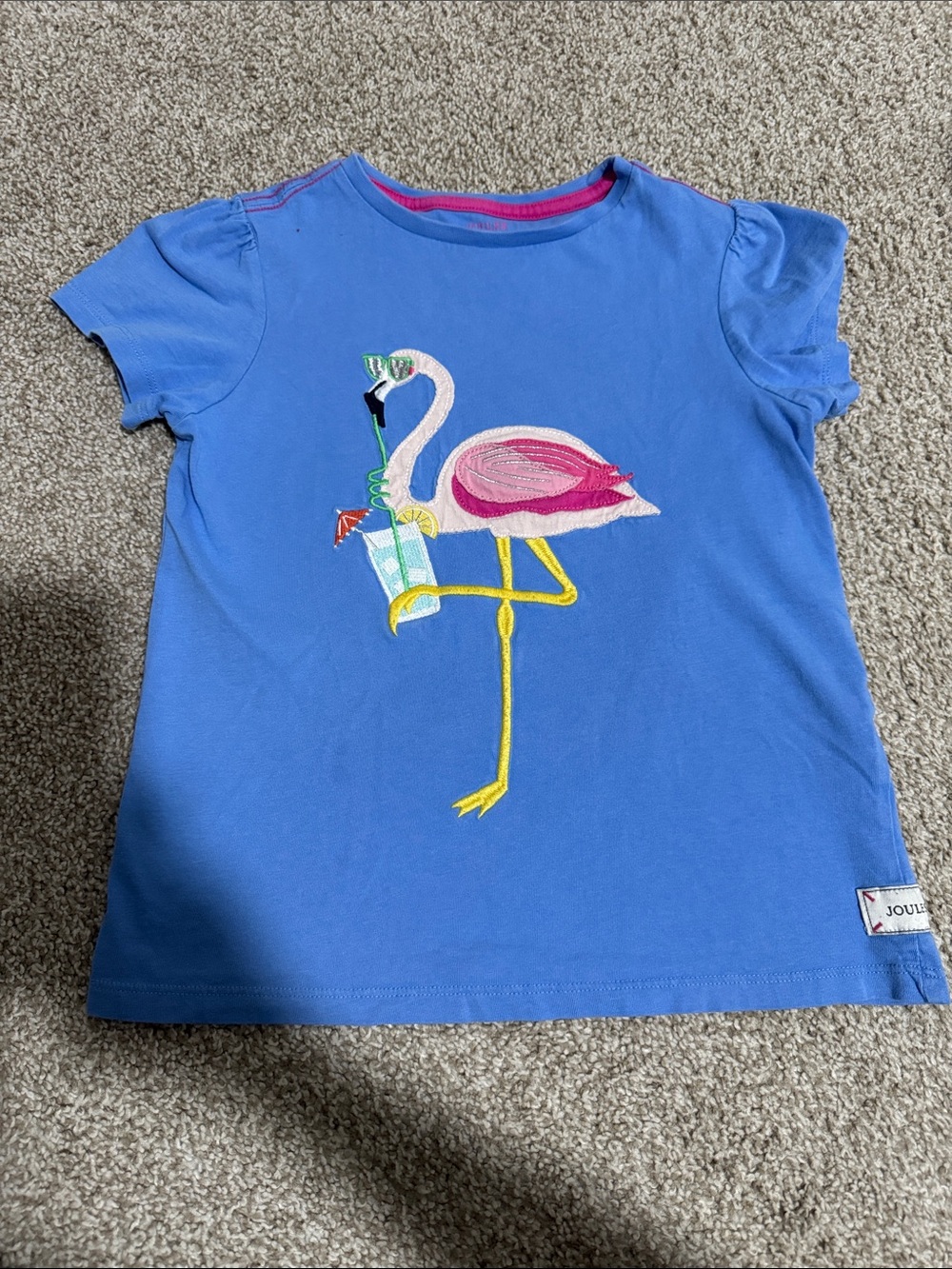 Joules Blue Tee with Pink Flamingo Applique